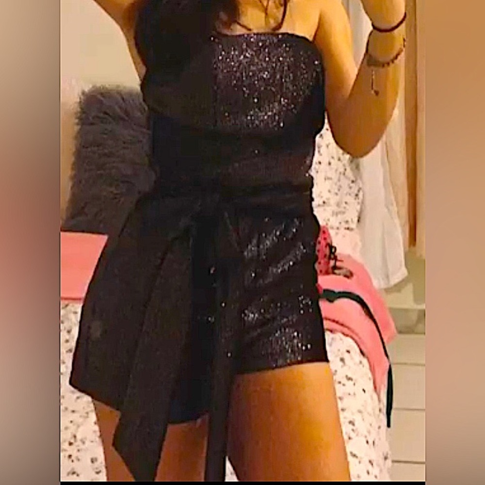Luxxel Sparkling Glitter Black Strapless Boutique Romper!
